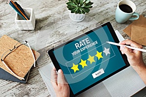 Rate customer experience review. Service and Customer satisfaction. Five Stars rating. Business internet concept.