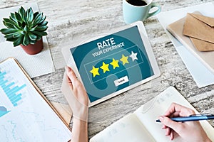 Rate customer experience review. Service and Customer satisfaction. Five Stars rating. Business internet concept.