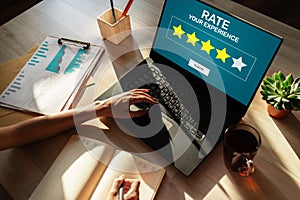 Rate customer experience review. Service and Customer satisfaction. Five Stars rating. Business internet concept.