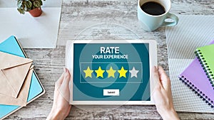Rate customer experience review. Service and Customer satisfaction. Five Stars rating. Business and technology concept.