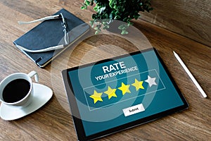 Rate customer experience review. Service and Customer satisfaction. Five Stars rating. Business internet concept.