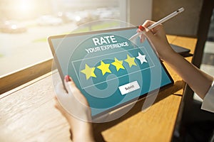 Rate customer experience review. Service and Customer satisfaction. Five Stars rating. Business internet concept. photo