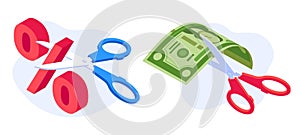 Rate cut concept. Scissors cutting dollar banknote and percentage. Economic crisis, money banking nominal recession photo