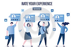 Rate your experience landing page web template. People holding messages with positive and negative reviews. Testimonials, customer
