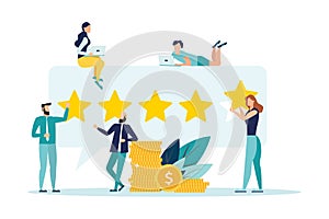 Rating of customer reviews. Positive online review, evaluation of a product or service. People give a five-star rating. Flat