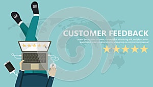 Rating on customer service illustration. Man sitting on the floor and holding tablet in his lap. Website rating feedback