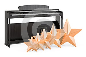 Rating of digital piano concept. Piano keys with five golden stars, 3D rendering