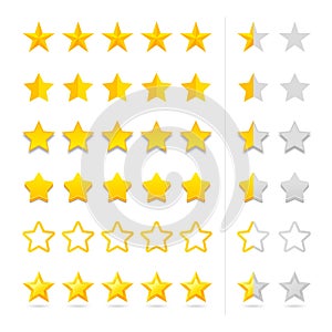 Rating five stars set. Review golden stars in different styles.