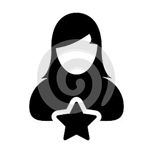 Rating icon vector with star female user person profile avatar symbol in a glyph pictogram