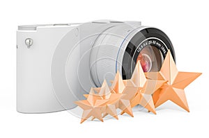 Rating of mirrorless digital camera concept. Digital cameras with five golden stars, 3D rendering