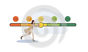 Rating satisfaction concept. woman is giving Feedback in form of emotions. Flat vector illustration