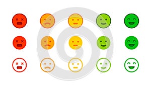 Rating scale. Feedback horizontal row rating meter with face emotion paediatrics icons. Vector illustration of customers