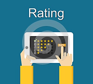 Rating system on phone screen. Giving feedback concept.