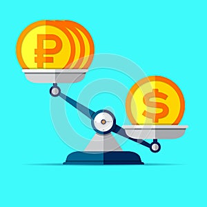 The ratio of the exchange rate. Preponderance of dollar against ruble. Money icons on libra in flat style. Scales symbol, balance