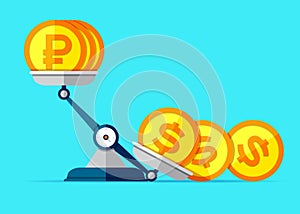 The ratio of the exchange rate. Preponderance of dollar against ruble. Money icons on libra in flat style. Scales symbol, balance