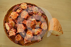 Ration From Octopus To Feira With Spicy Paprika With A Piece Of Bread To The Side At The Becerrea Octopus Fair. Cooking, Food, Tra