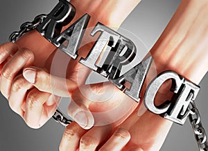 Ratrace, social impact and its influence - a concept showing a person`s hands in chains with a word Ratrace as a symbol of its