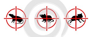 Rats icon. Pest control. Rodent extermination sign. Target logo for mouse poison. Kill gnawer. Red round crosshair aim