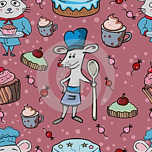 Rats or mouse cook in blue uniform. Cartoon vector. Vector illustration Sweet dessert