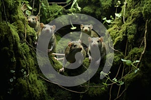 Rats scuttling across a moss-covered floor