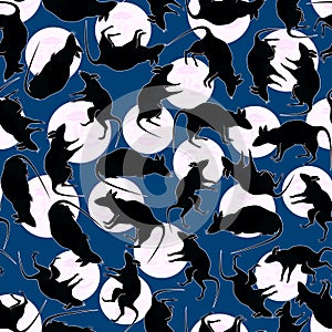 Seamless pattern of black rats and white moons in Halloween night.