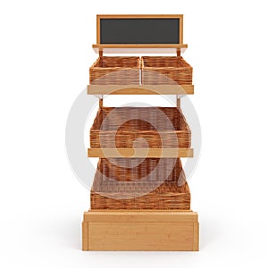 Rattan Bakery Display Shelves on white. 3D illustration