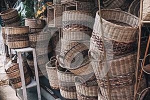 Rattan baskets and other handicrafts for sale at Dapitan Arcade, Quezon City, Philippines