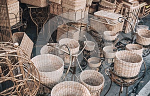 Rattan baskets and other handicrafts for sale at Dapitan Arcade, Quezon City, Philippines