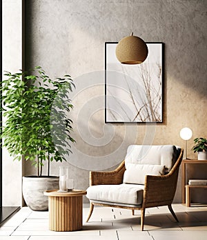 Rattan chair against window and stucco wall with frame. Scandinavian home interior design of modern living room
