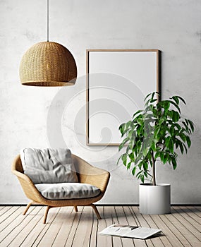 Rattan chair on hardwood floor near potted houseplant against concrete wall with empty frame with copy space. Scandinavian home