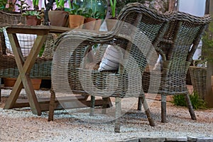 Rattan chair, Wicker chair in the garden retro vintage style interior