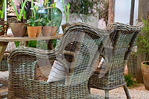 Rattan chair, Wicker chair in the garden retro vintage style interior