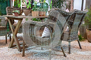 Rattan chair, Wicker chair in the garden retro vintage style interior