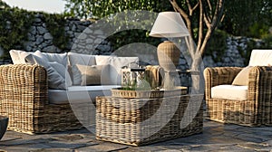 rattan garden furniture set with lamps and table in the background. AI Generative