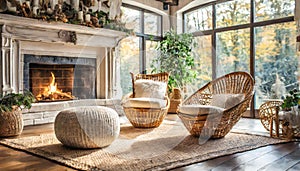 Rattan lounge chair, wicker, pouf and white sofa by fireplace. Scandinavian, hygge home interior design of modern living room