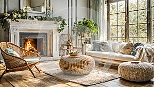 Rattan lounge chair, wicker, pouf and white sofa by fireplace. Scandinavian, hygge home interior design of modern living room