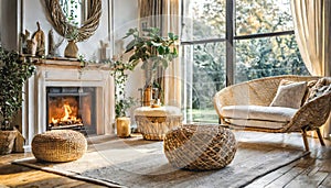Rattan lounge chair, wicker, pouf and white sofa by fireplace. Scandinavian, hygge home interior design of modern living room