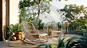 rattan rocking chairs at the resort, inviting relaxation amidst lush surroundings and gentle breezes.