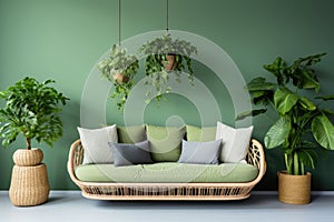 Rattan sofa with light green cushions, wicker basket and big plants against green wall with shelf
