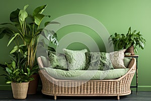 Rattan sofa with light green cushions, wicker basket and big plants against green wall with shelf