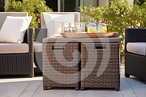 rattan-weave patio storage table among lounge chairs