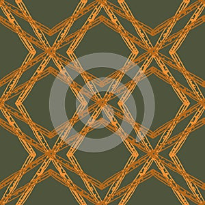Rattan weave style vector seamless pattern background. Interlaced wicker basket effect sage green ochre backdrop. Hand