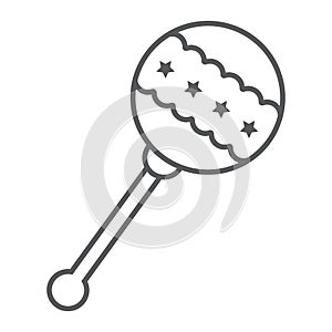 Rattle thin line icon, baby and ball, toy sign, vector graphics, a linear pattern on a white background.
