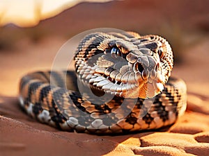 A rattlesnake coiled in the desert sands during sunset