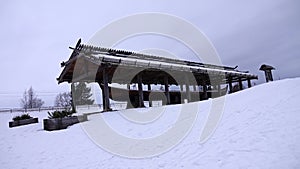 Rattvik church boat next to frozen lake Siljan in Dalarna in Sweden photo