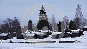 Rattvik church village on frozen lake Siljan in Dalarna in Sweden photo