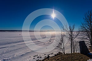 Rattvik - March 30, 2018: Panorama of the frozen lake Siljan in Rattvik, Dalarna, Sweden photo