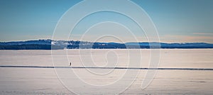 Rattvik - March 30, 2018: Panorama of the frozen lake Siljan in Rattvik, Dalarna, Sweden