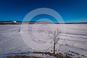 Rattvik - March 30, 2018: Panorama of the frozen lake Siljan in Rattvik, Dalarna, Sweden photo