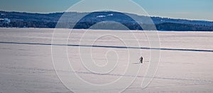 Rattvik - March 30, 2018: Panorama of the frozen lake Siljan in Rattvik, Dalarna, Sweden